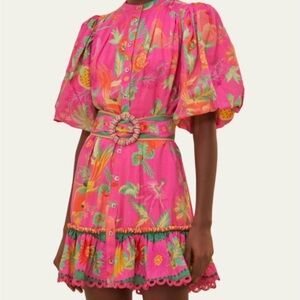 FARM Rio Pink Delicate Fruit Floral Dress with Green Accents